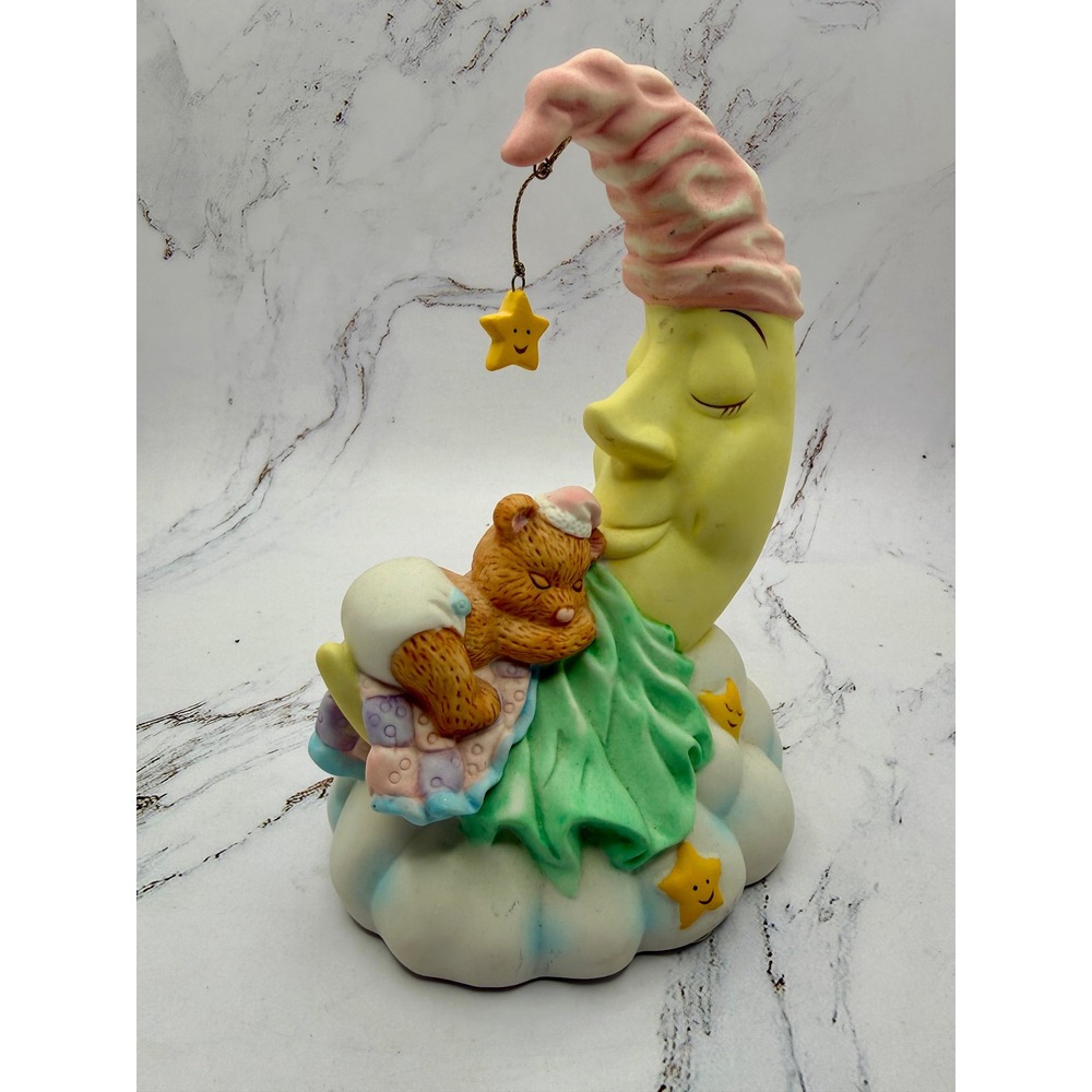 Vintage Ceramic‎ Moon Teddy Bear Musical Figurine Brahms Lullaby Nursery Decor